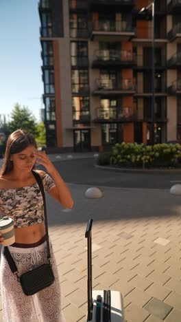 mujer con equipaje y taza de café en la ciudad