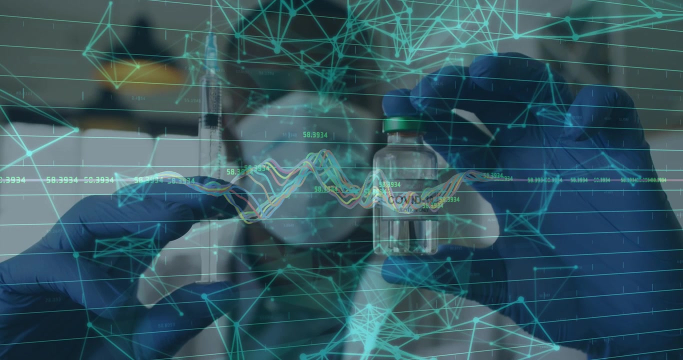 Animazione di una rete di connessioni ed elaborazione dati su sfondo di pianto