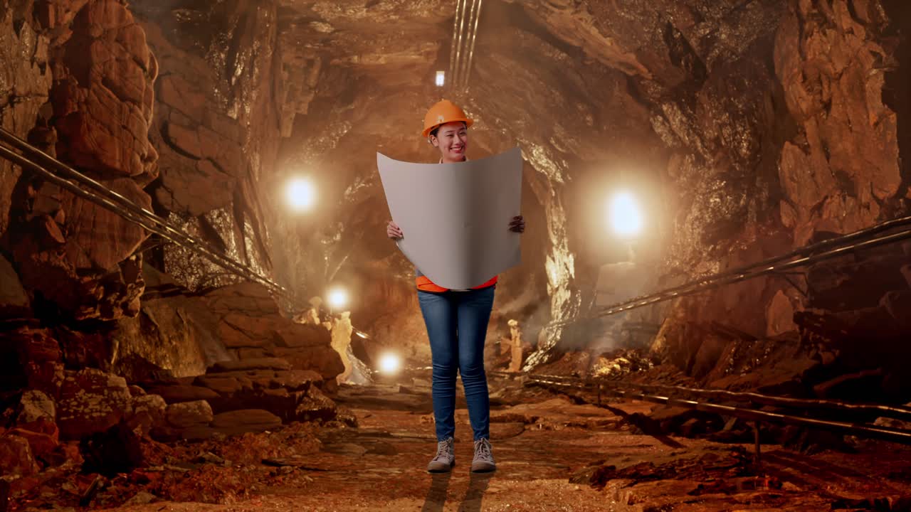 Full Body Of Asian Female Engineer With Safety Helmet Looking At Blueprint In Her Hands And Looking Around In Underground Mine Tunnel