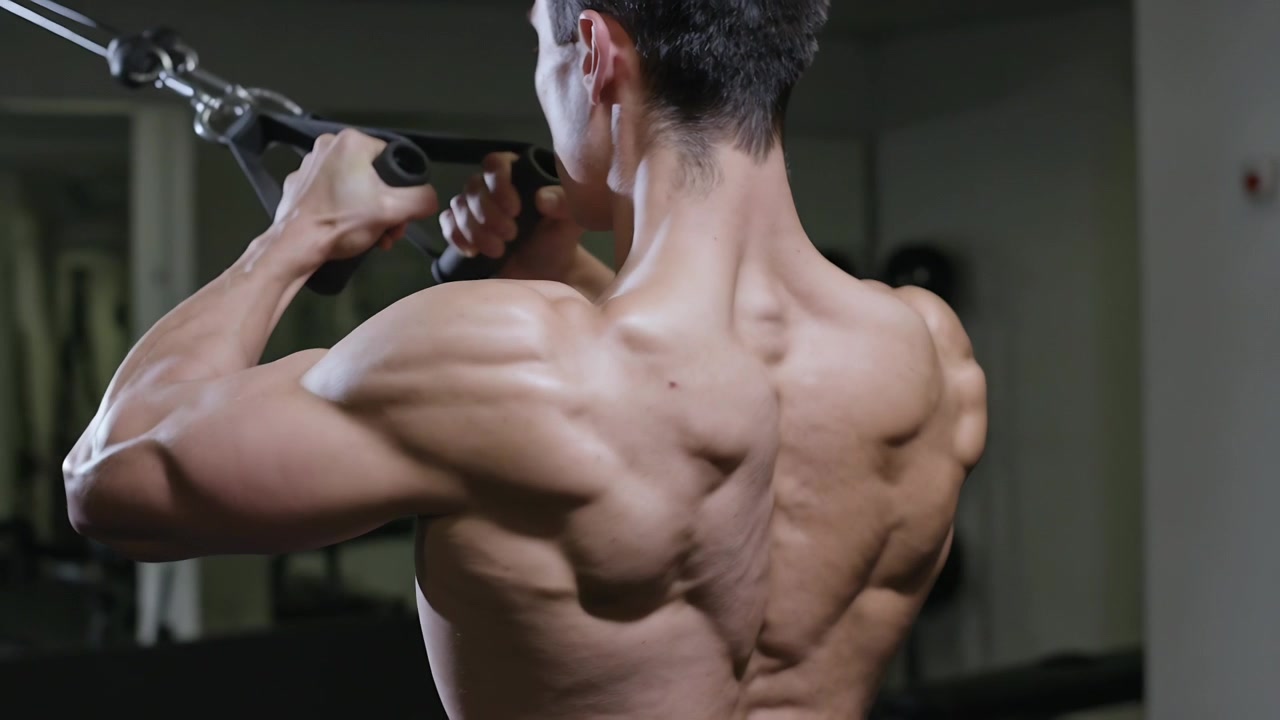Puxando alças de cabo duplo, praticante masculino sem camisa contraindo a parte superior das costas na academia para força