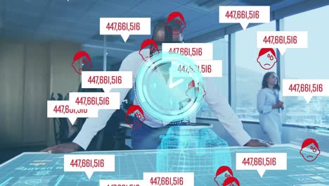 Animation-of-clock,-rising-numbers-and-sick-people-icons-over-man-in-vr-headset-working-in-office