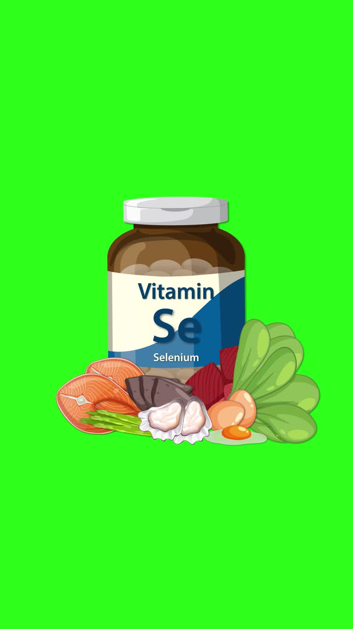 Una bottiglia di vitamina selenio compare mentre cibi nutrienti prendono vita, su uno sfondo verde brillante.