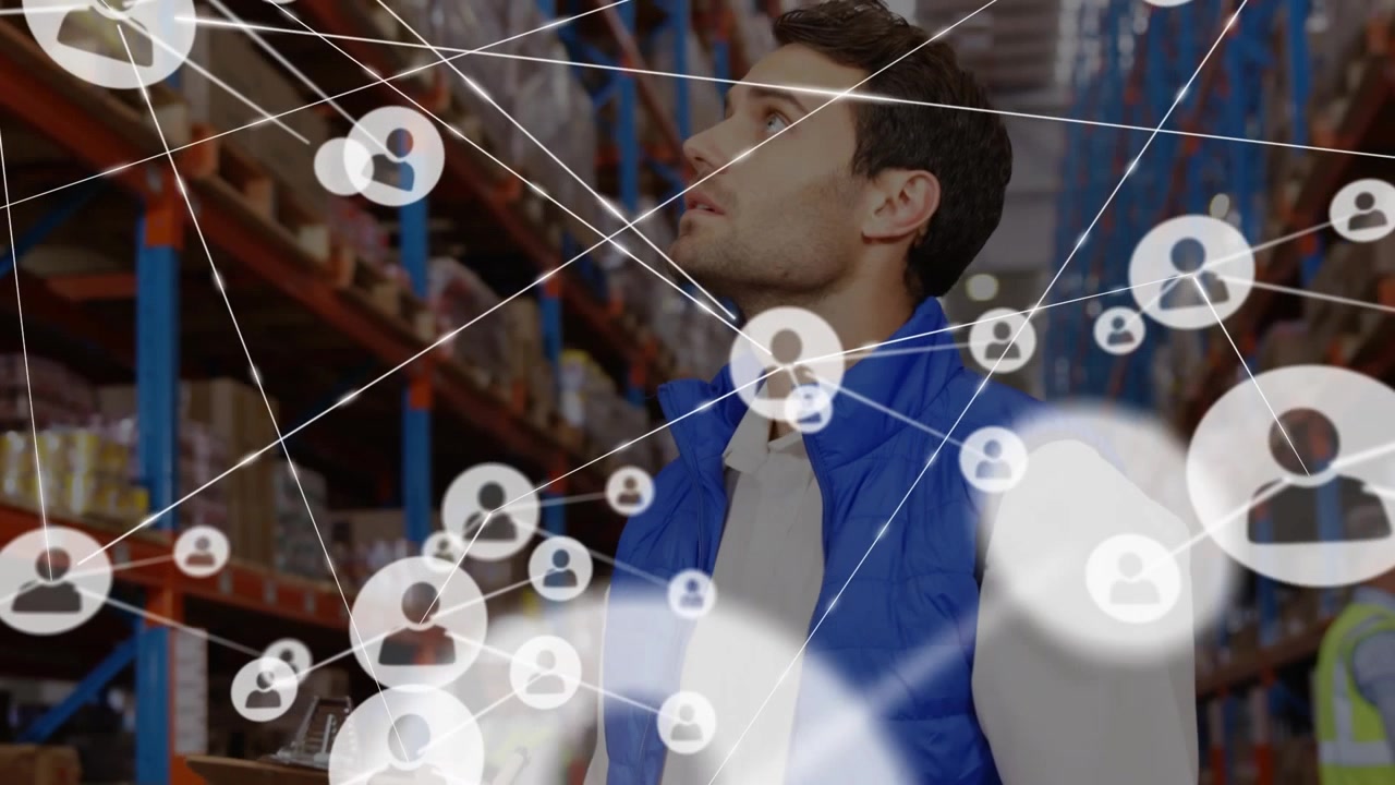 Logistics Manager Working in Warehouse with Digital Connections