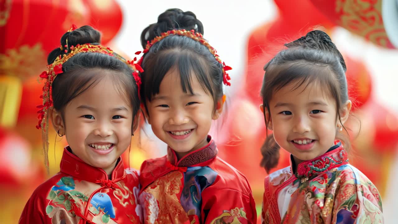 Young Chinese girls in traditional New Year clothing standing near red lanterns, radiating cultural festivity and childhood delight during holiday celebration