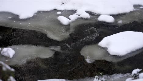 Primer-Plano-De-Un-Bloque-De-Hielo-Cubierto-De-Nieve-Con-Agua-De-Río-Que-Fluye