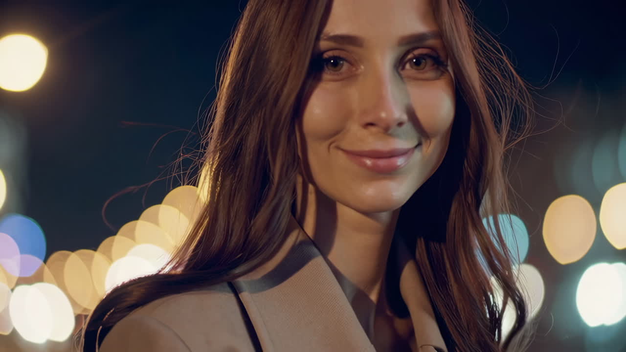 Close-up Portrait of a Woman at Night with Blurred City Lights