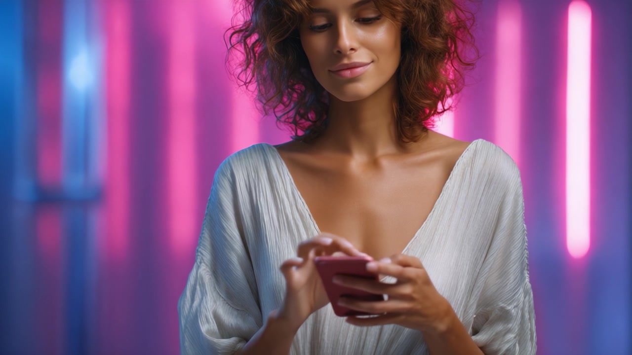 Una donna con un outfit elegante controlla il suo smartphone, illuminata da luci colorate che esaltano l'atmosfera moderna e vibrante del suo ambiente.
