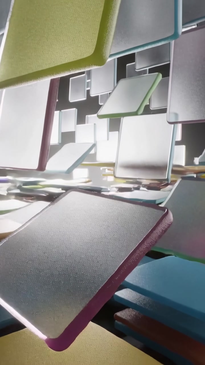 Vertical video: Moving camera ahead, panels and slabs drifting, revealing depth on dark backdrop