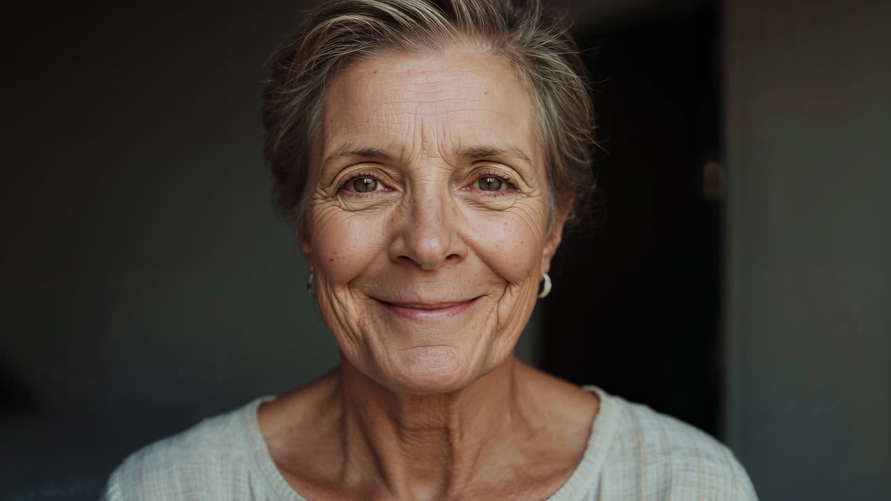 Vertical video: Senior woman responding to cue and shifting to smile in soft left light for health