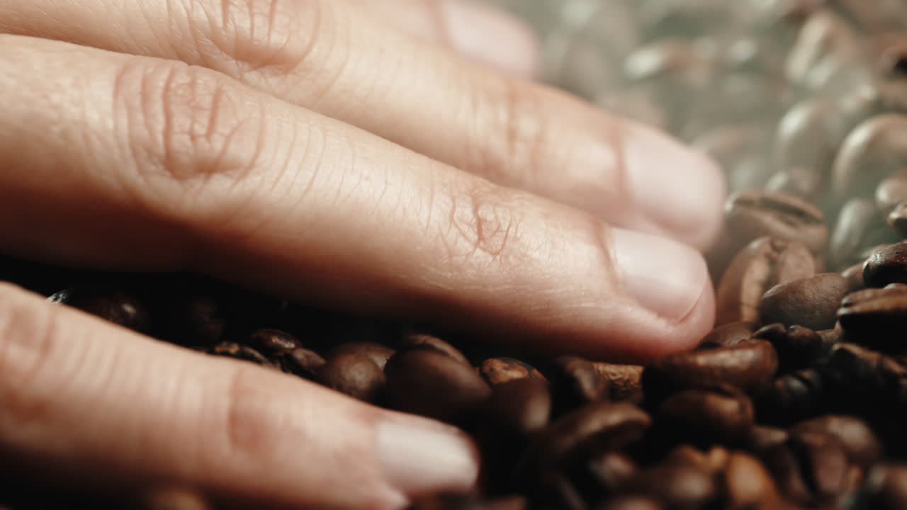 tocando con la mano el café tostado