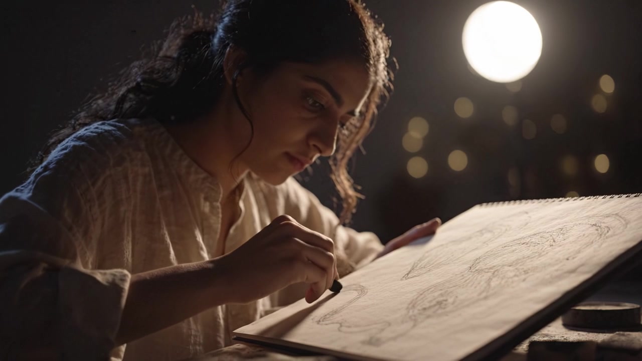 A Talented Artist Focuses on Her Creative Process as She Diligently Draws Intricate Designs Under Soft Lighting in a Serene Studio Environment