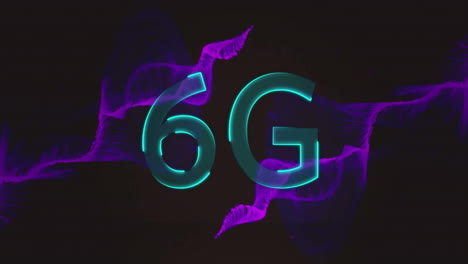 animación de texto 6g brillante sobre ondas de red púrpura sobre fondo negro