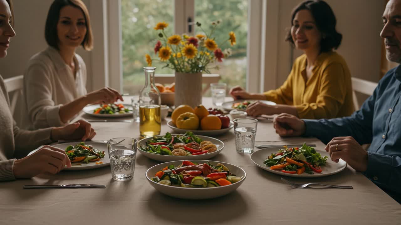A Relaxing Dinner Gathering: Friends Enjoying a Vibrant Meal Surrounded by Laughter and Delicious Salads in a Cozy Setting