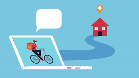 laptop con mensajero en animación de servicio de entrega de bicicletas