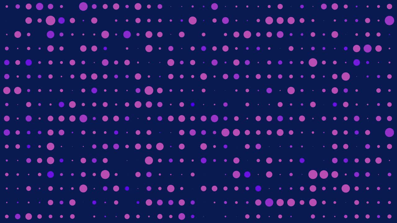 Animated pink and purple dots on dark blue background with pulsing size changes, dynamic gradient pattern for technology presentations and digital motion graphics