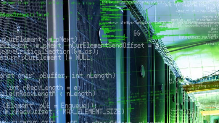 Composite video of data processing against computer server room