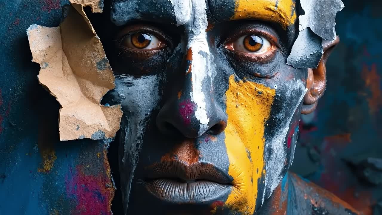 A woman with a face painted with yellow and black paint