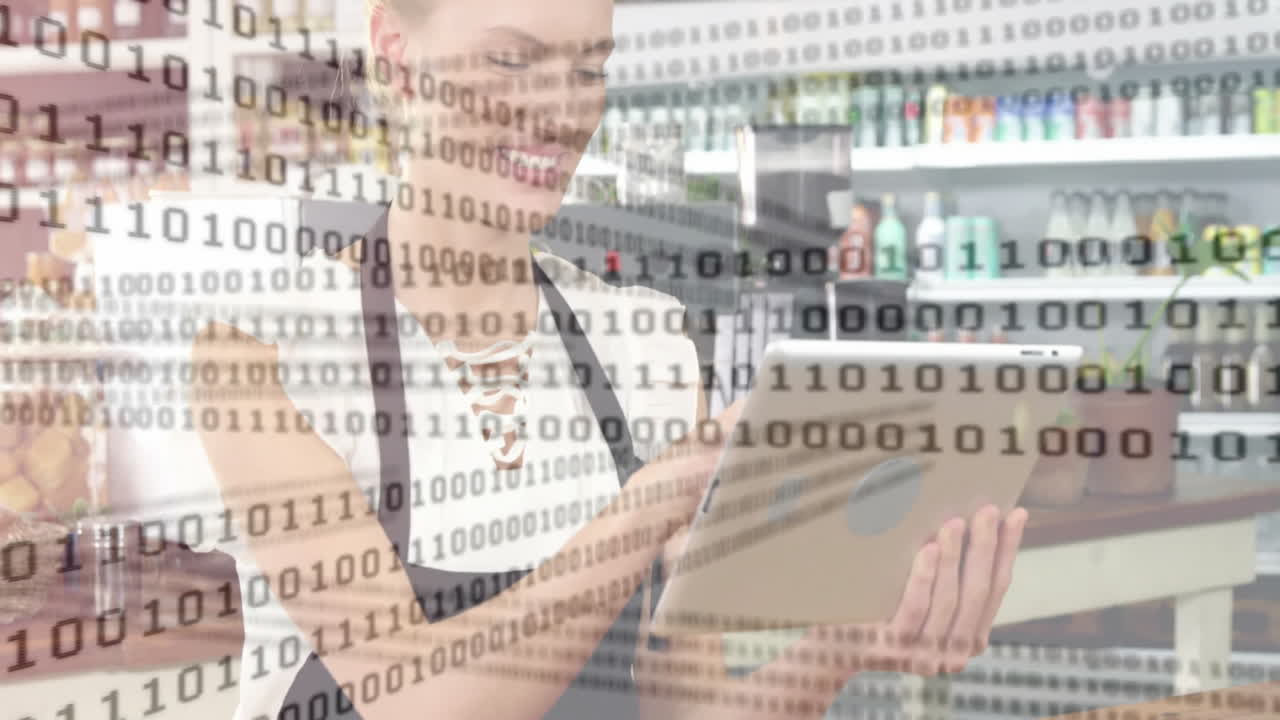 Female shop worker tapping tablet at counter, showing binary code overlay for retail technology