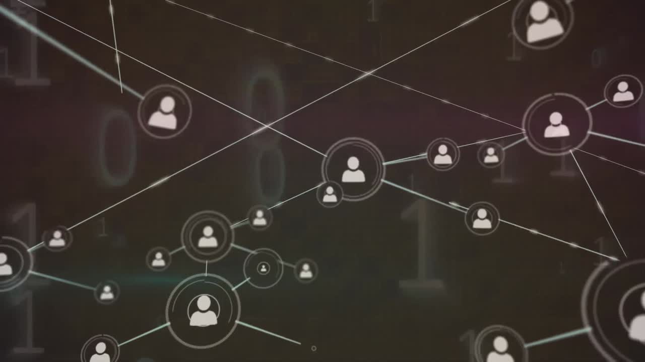 Animation of network of connections and binary code over black background