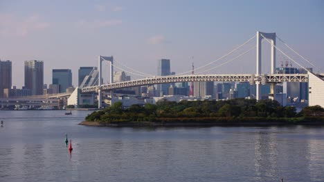 4k establishing shot of tokyo, odaiba seaside park and rainbow bridge in japan