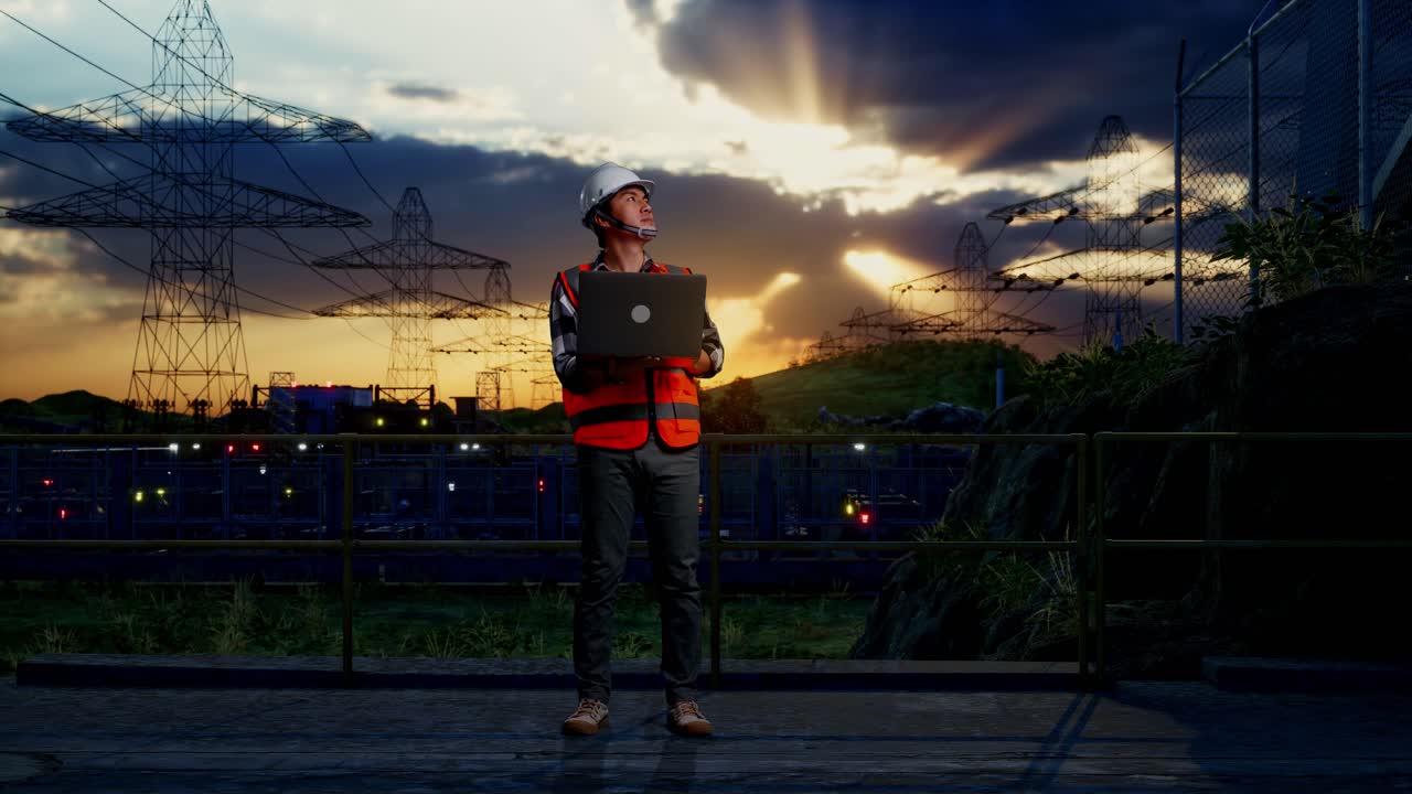 Full Body Of Asian Male Engineer With Safety Helmet Working On A Laptop And Looking Around While Standing Near High Voltage Tower