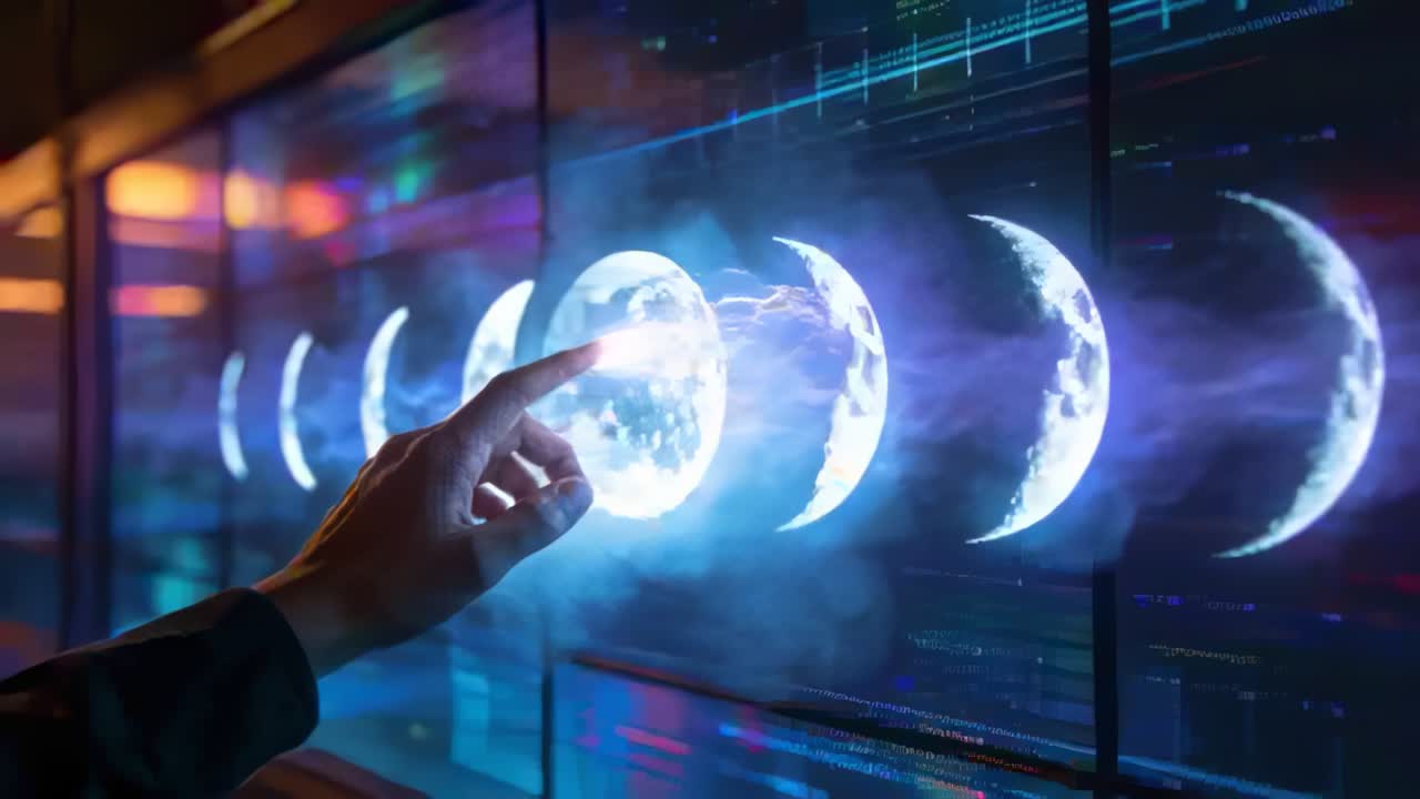 Touching right hand with dark sleeve selecting lunar moons on display wall, plasma mist, copy space