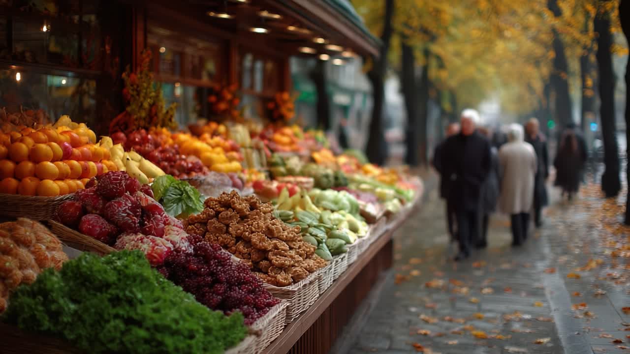 A Vibrant Autumn Market: A Colorful Display of Fresh Fruits and Vegetables Amidst Golden Leaves and Strolling Passersby