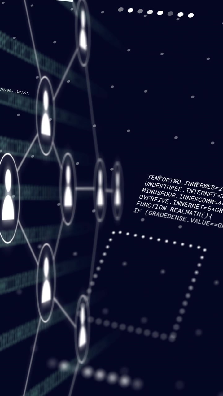 Animation of icons with binary coding and data processing over black background