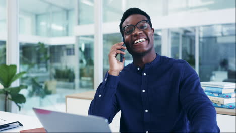 Phone-call,-funny-and-black-man-in-business