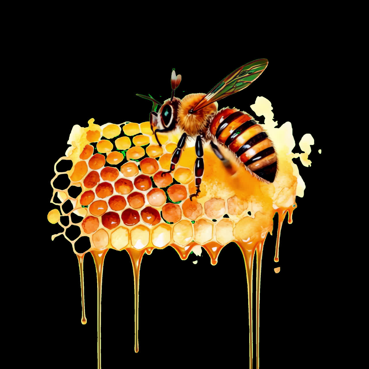 Bee on honeycomb watercolor animation isolated asset, transparent 4K video, alpha channel, ProRes