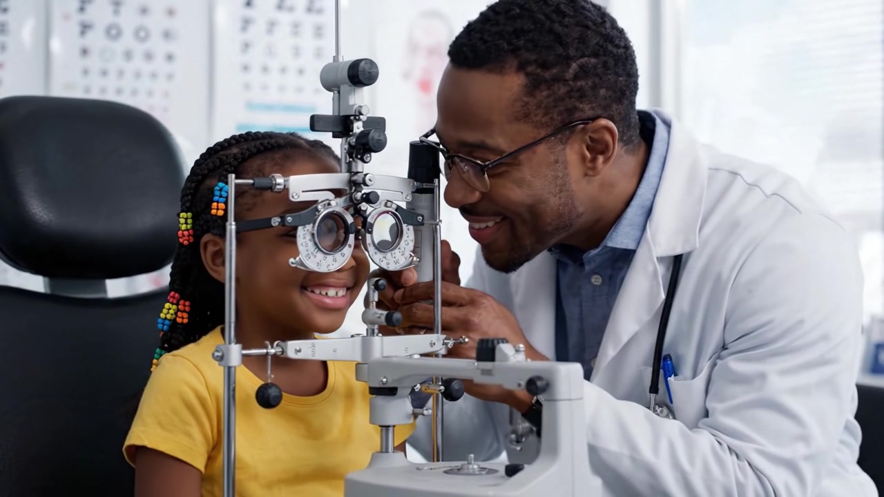 A joyful young girl undergoes an eye examination in a friendly environment, showcasing the importance of vision care and the relationship between patient and optometrist.
