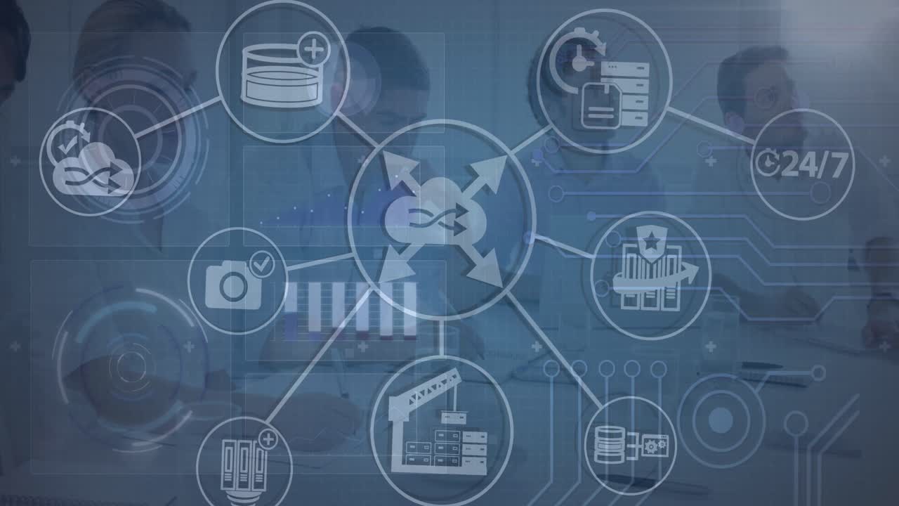 animación de iconos tecnológicos y diversos compañeros de trabajo en pantalla digital verde