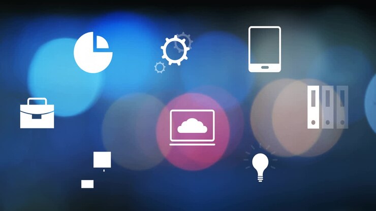 Animation of business icons over bokeh on black background