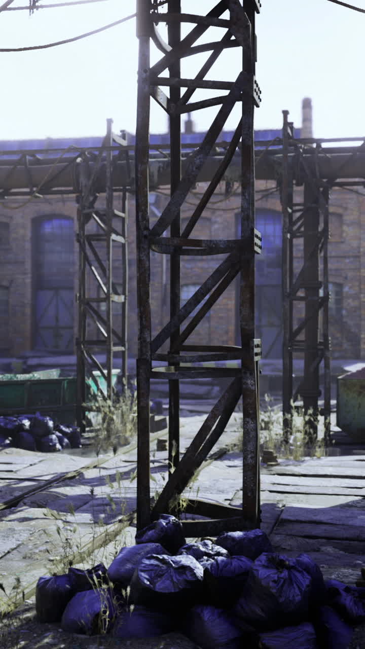 Abandoned industrial area with rusty structures and overgrown vegetation