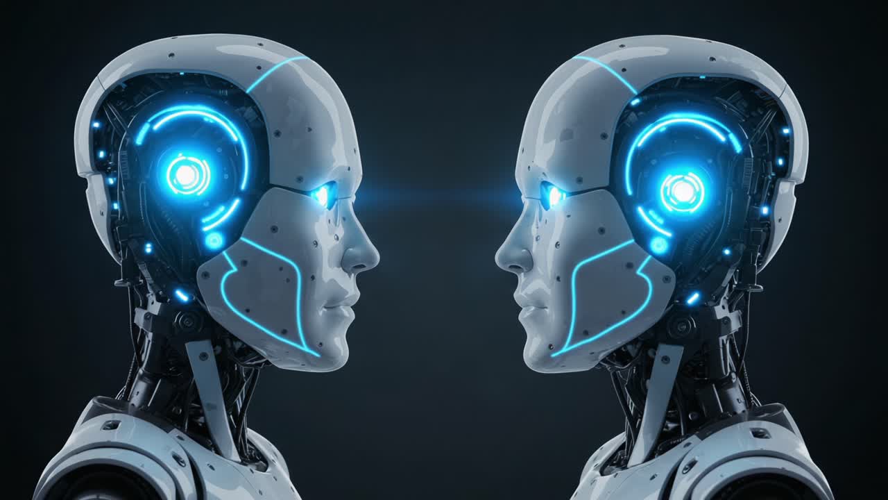A Captivating Encounter Between Two Futuristic Robots: Exploring the Intense Connection and Advanced Technology of Artificial Intelligence in a Striking Visual Display