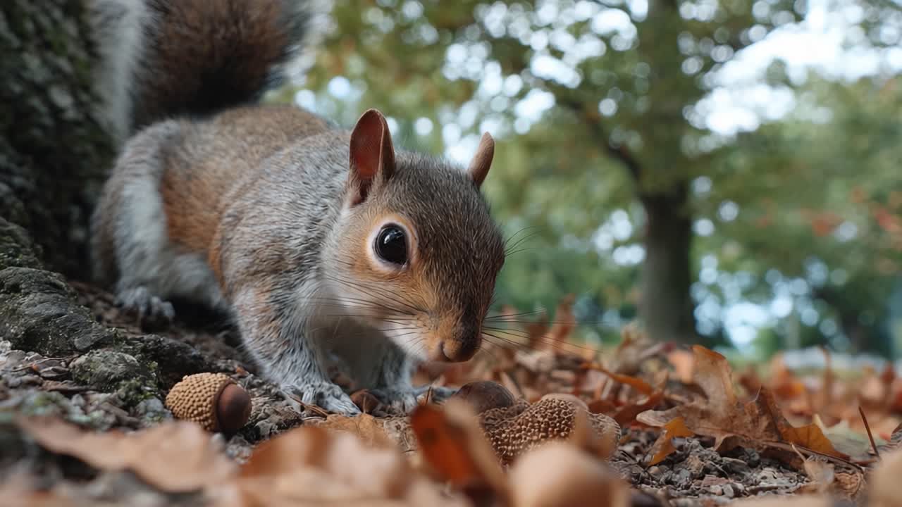 Un curioso scoiattolo esplora il suo habitat naturale tra foglie cadute e ghiande, immortalato con dettagli straordinari dal livello del suolo con colori autunnali