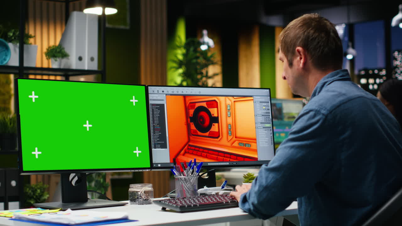 Chroma key with male employee working on game development