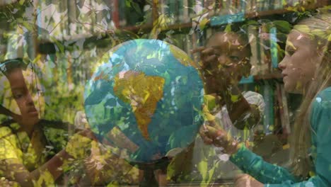 Animation-of-leaves-over-diverse-schoolchildren-looking-at-globe