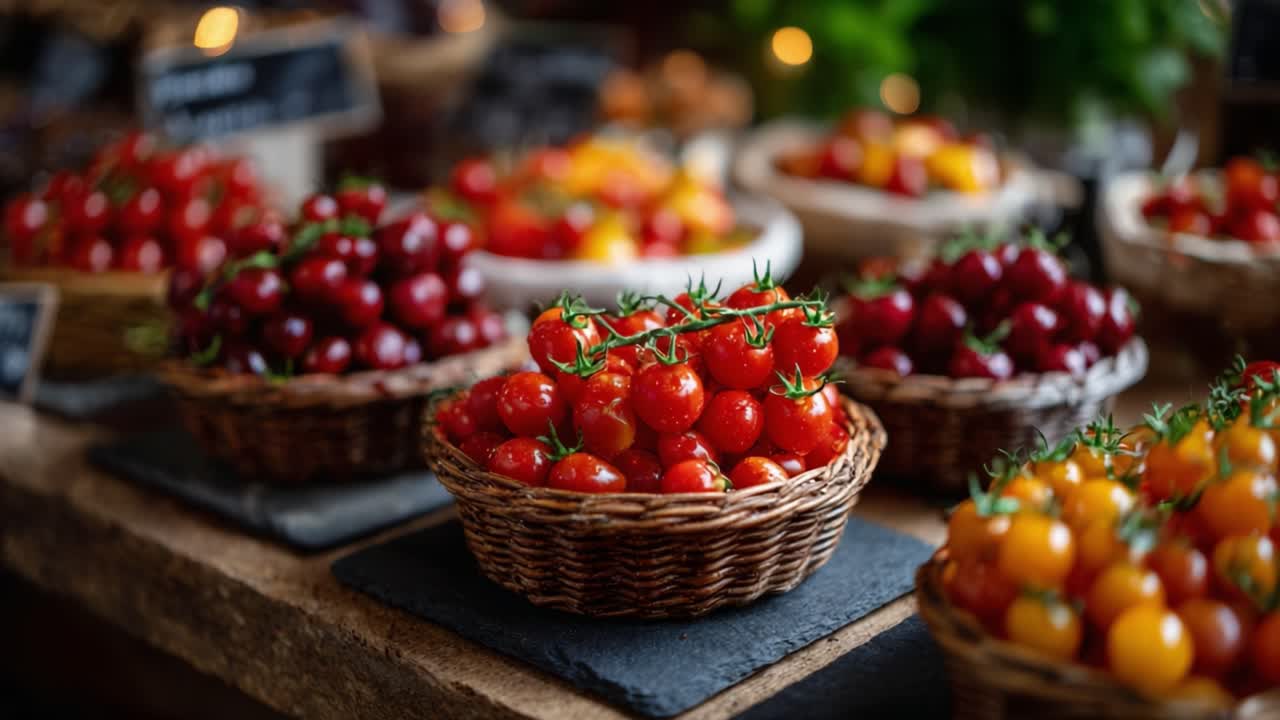 Vibrant Display of Fresh Tomatoes in Baskets at a Farmers' Market, Featuring a Colorful Assortment of Juicy Varieties and Lush Greenery as a Backdrop