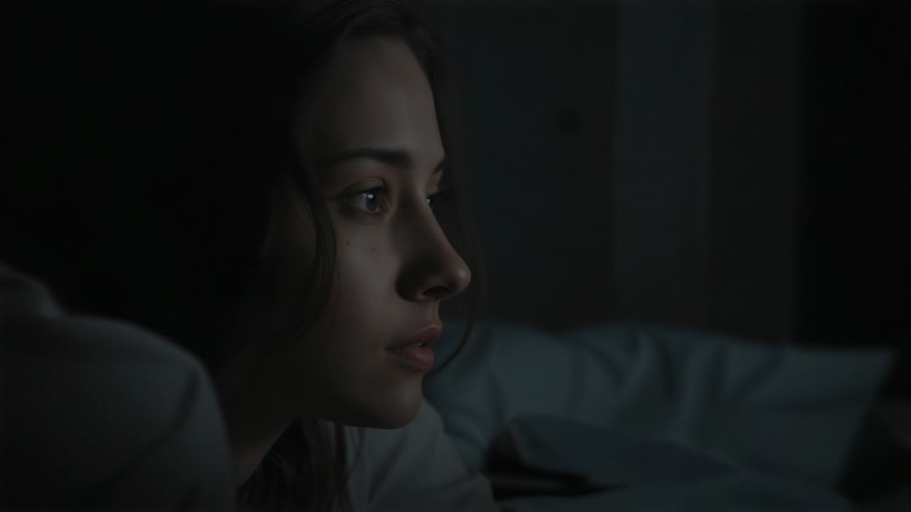 Donna che apre gli occhi e indossa una maglietta leggera, spostando lo sguardo verso una luce fioca sul letto, sul cuscino e sul telefono