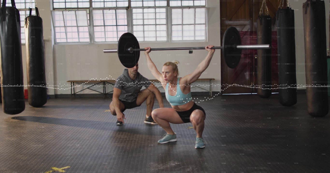Female athlete bracing core initiating squat in gym for health gain with animated gauge filling