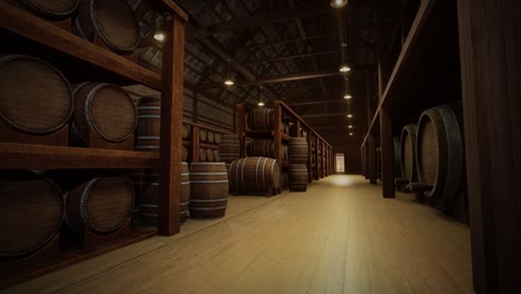 almacenamiento de barriles de vino en la bóveda de vinos. barriles de coñac, vino o whisky. barrilles de vino de roble de madera. almacén de alcohol