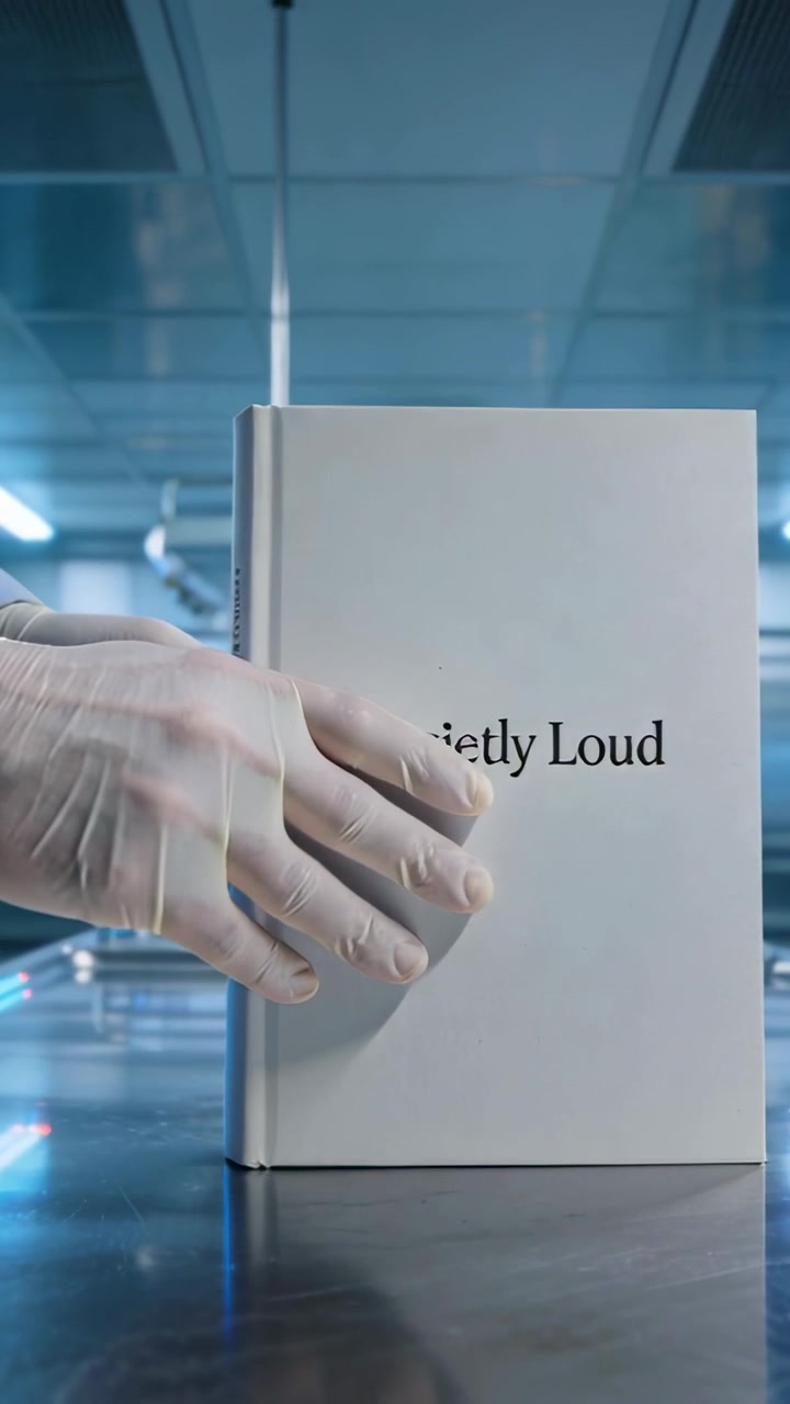 Video verticale: Un guanto sinistro che entra, sollevando il libro bianco "Quietly Loud" su un banco da laboratorio, rivelando uno strumento.