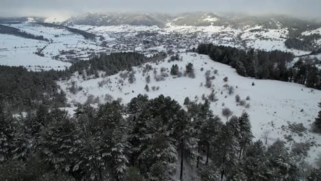 Mit-Schnee-Bedeckte-Berge-Und-Schwarze-Kiefernwälder-Rund-Um-Das-Touristische-Dorf-Voskopoja-In-Albanien