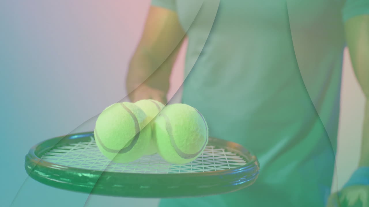 Man holding tennis racket balancing three balls, showing animated growth chart for sports marketing