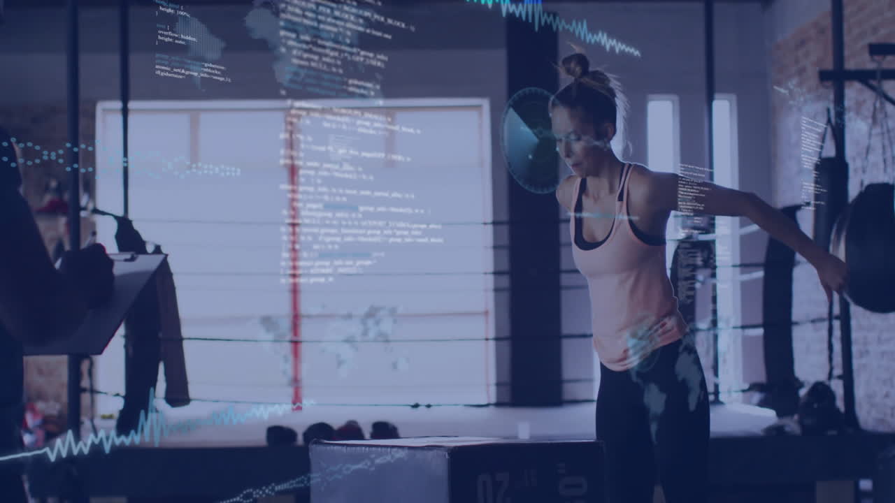 female trainee throwing punches inside ring amid fitness tech overlays as trainer taking notes