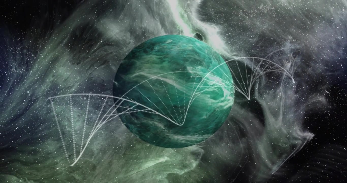 Zesilující se částice, tečkované oblouky tvořící spirálovou mřížku nad planetou, technické demo pro designéry.