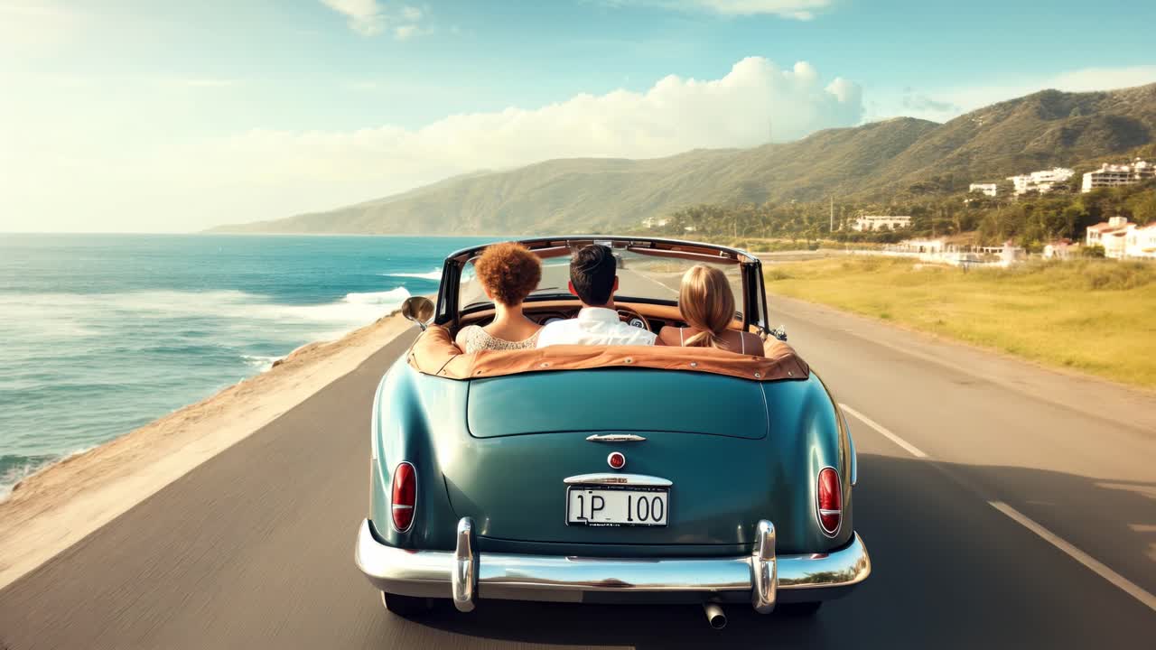 Aerial video captures a vintage convertible cruising along a coastal road, with three friends