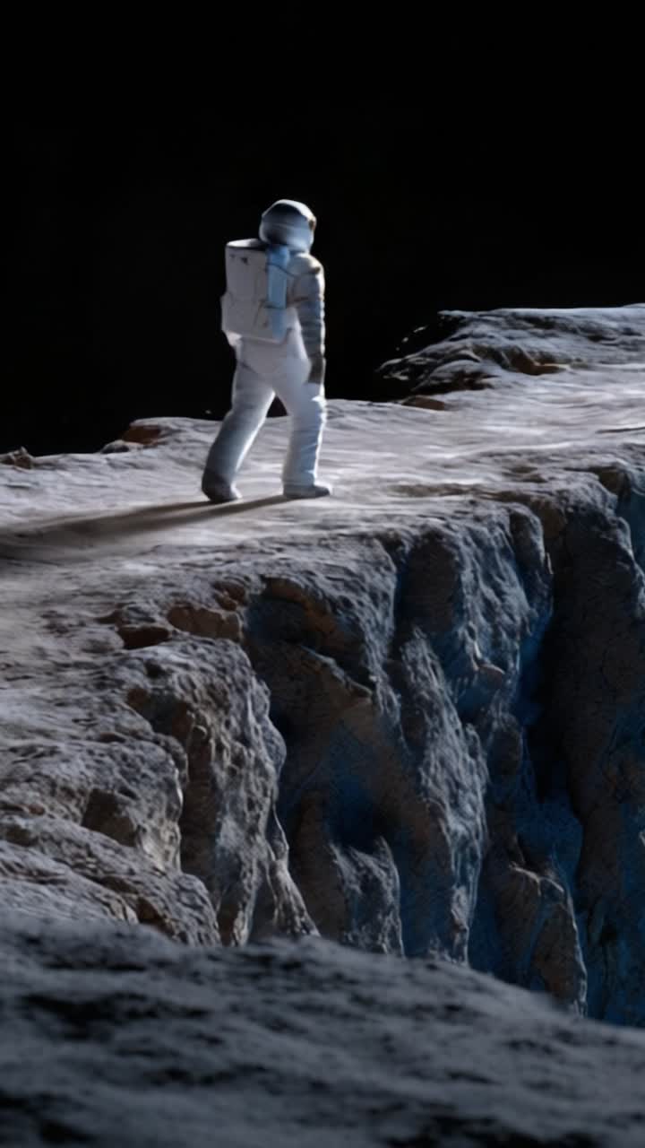 An astronaut explores a rugged lunar landscape, walking cautiously along the crater's edge under a starry backdrop, highlighting the vastness of space exploration