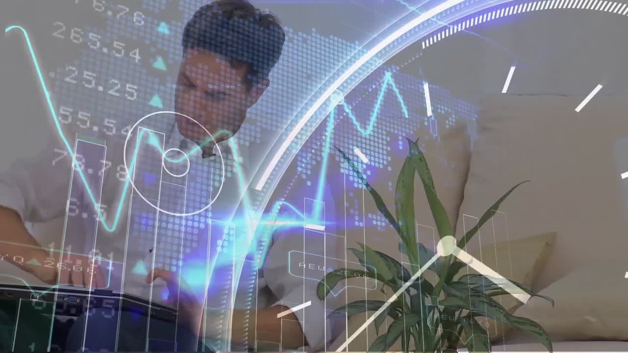 animación de un hombre enojado usando una computadora portátil, escribiendo sobre un reloj, exhibición del mercado de valores